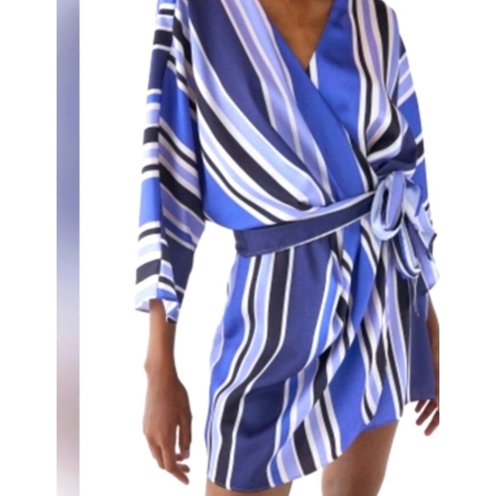 Zara Women Blue White Striped Satin Wrap Romper Kimono Sleeve Tie Waist